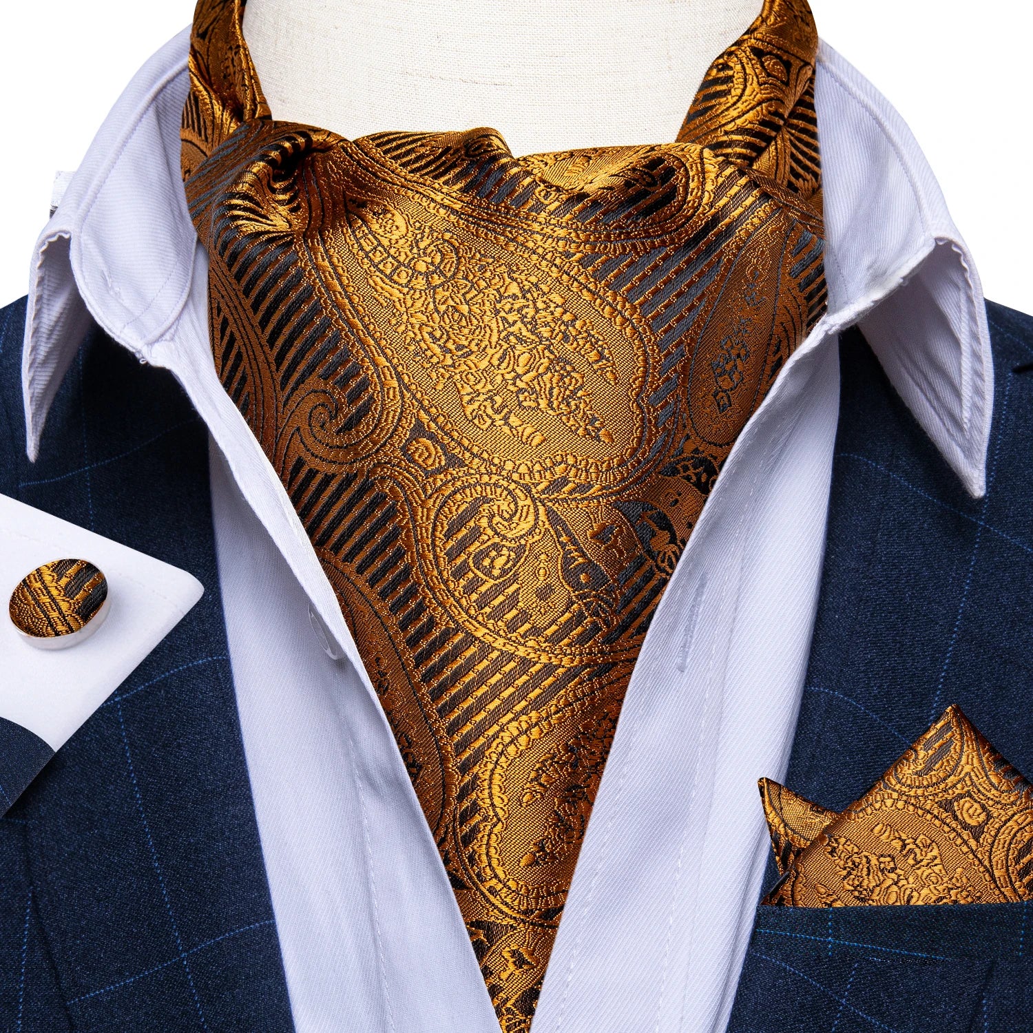 Men's Silk Cravat Set with Cufflinks and Pocket Square