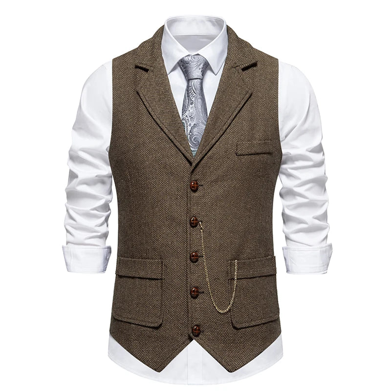 Men's British-Style Lapel Tweed Waistcoat Brown