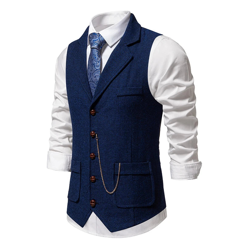 Men's British-Style Lapel Tweed Waistcoat Navy (Side)