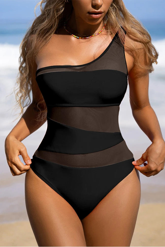 Women's One-Shoulder Mesh One-Piece Swimsuit in Black