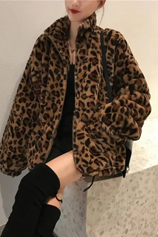 Woman wearing alluring Leopard Style Women's Furry Coat