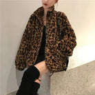 Woman wearing alluring Leopard Style Women's Furry Coat