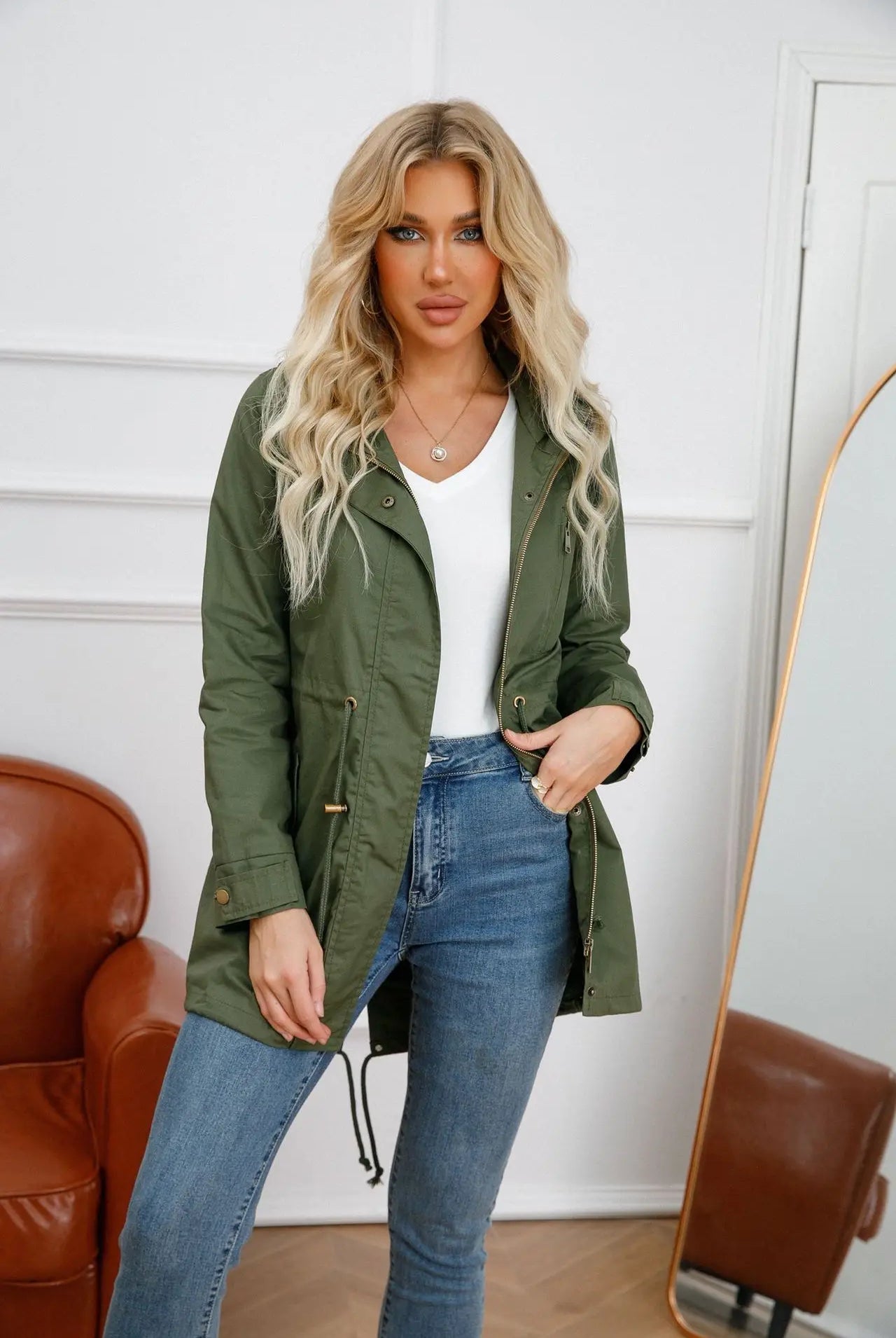 Stylish Green Trench Coat for Women (open)