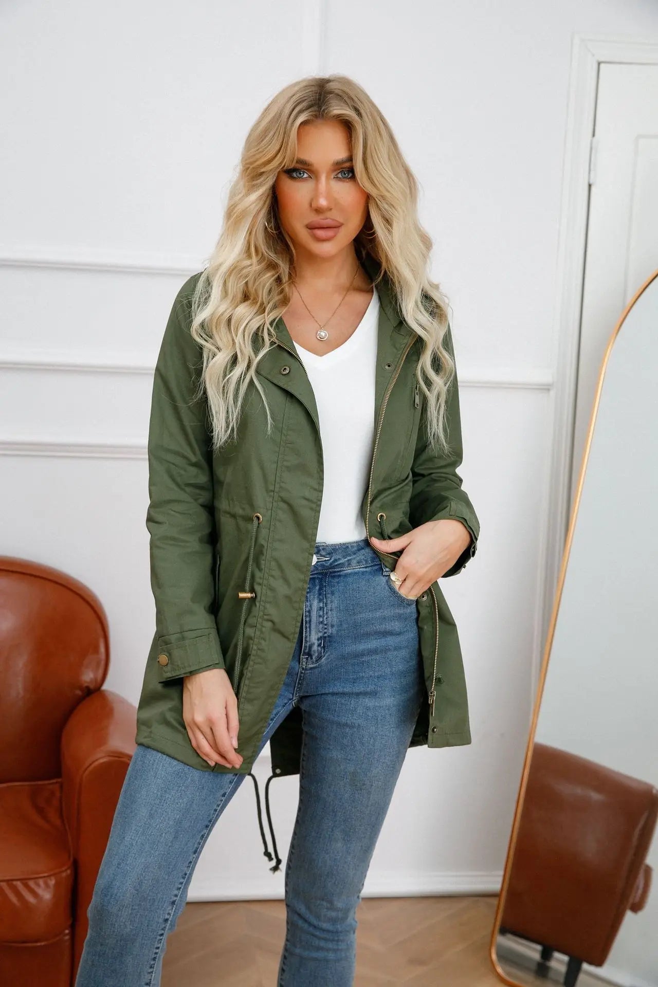 Stylish Green Trench Coat for Women (open)