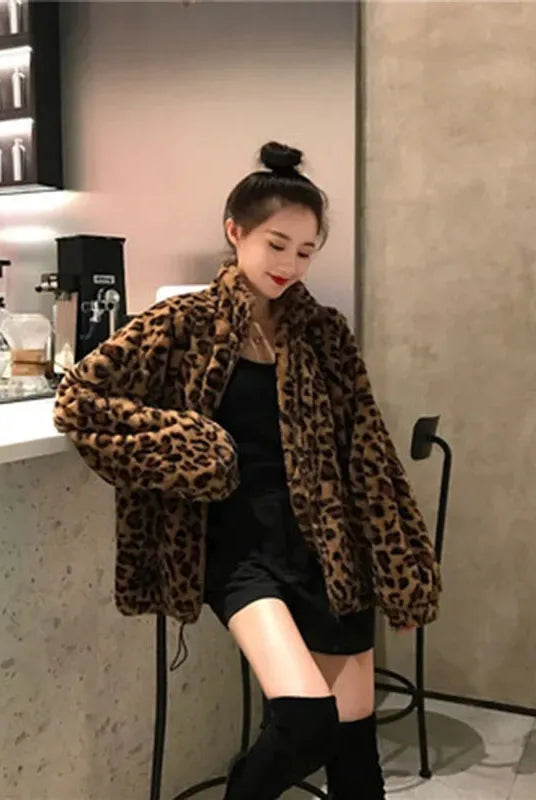 Leopard Style Women's Furry Coat (sitting down)
