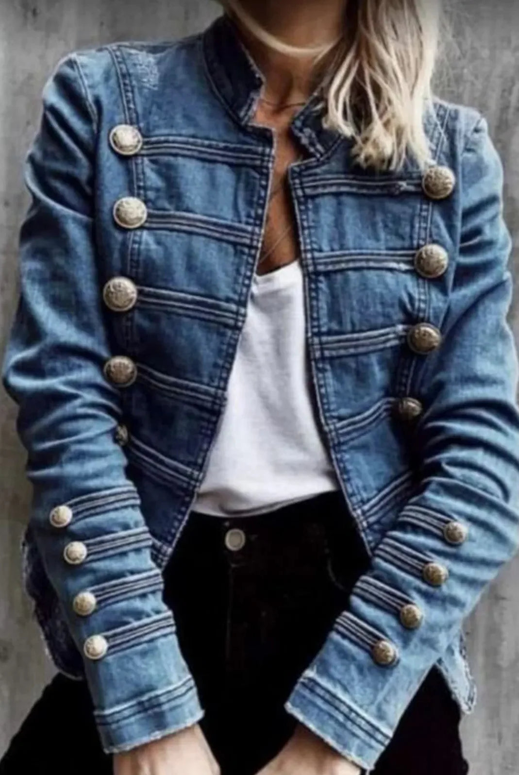 Blue Denim Women's Jacket with Button Decoration