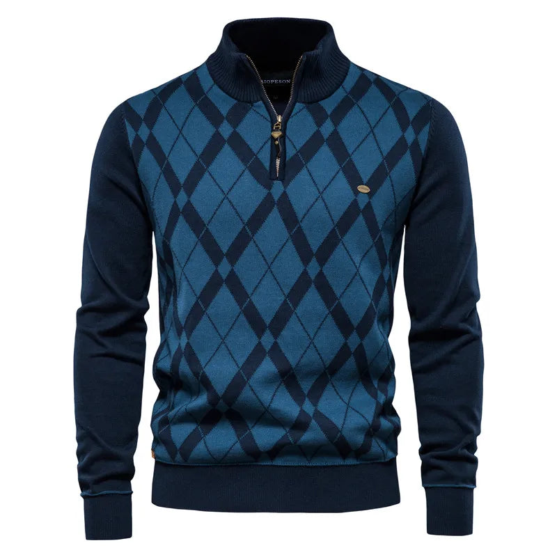 Navy Standing Collar Argyle Men's Jumper