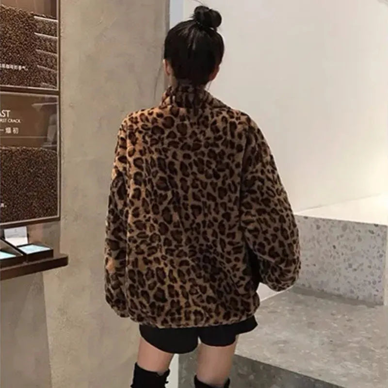 Woman wearing Leopard Style Women's Furry Coat (exterior)