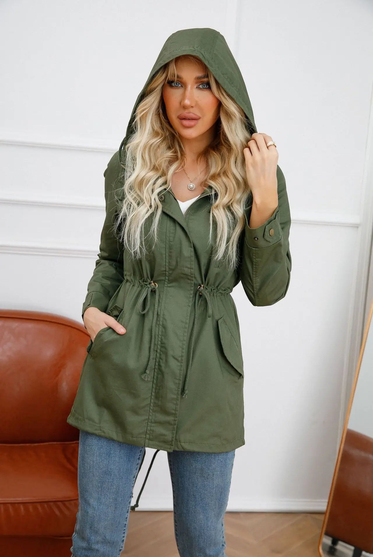 Stylish Green Trench Coat for Women (Hood Up)