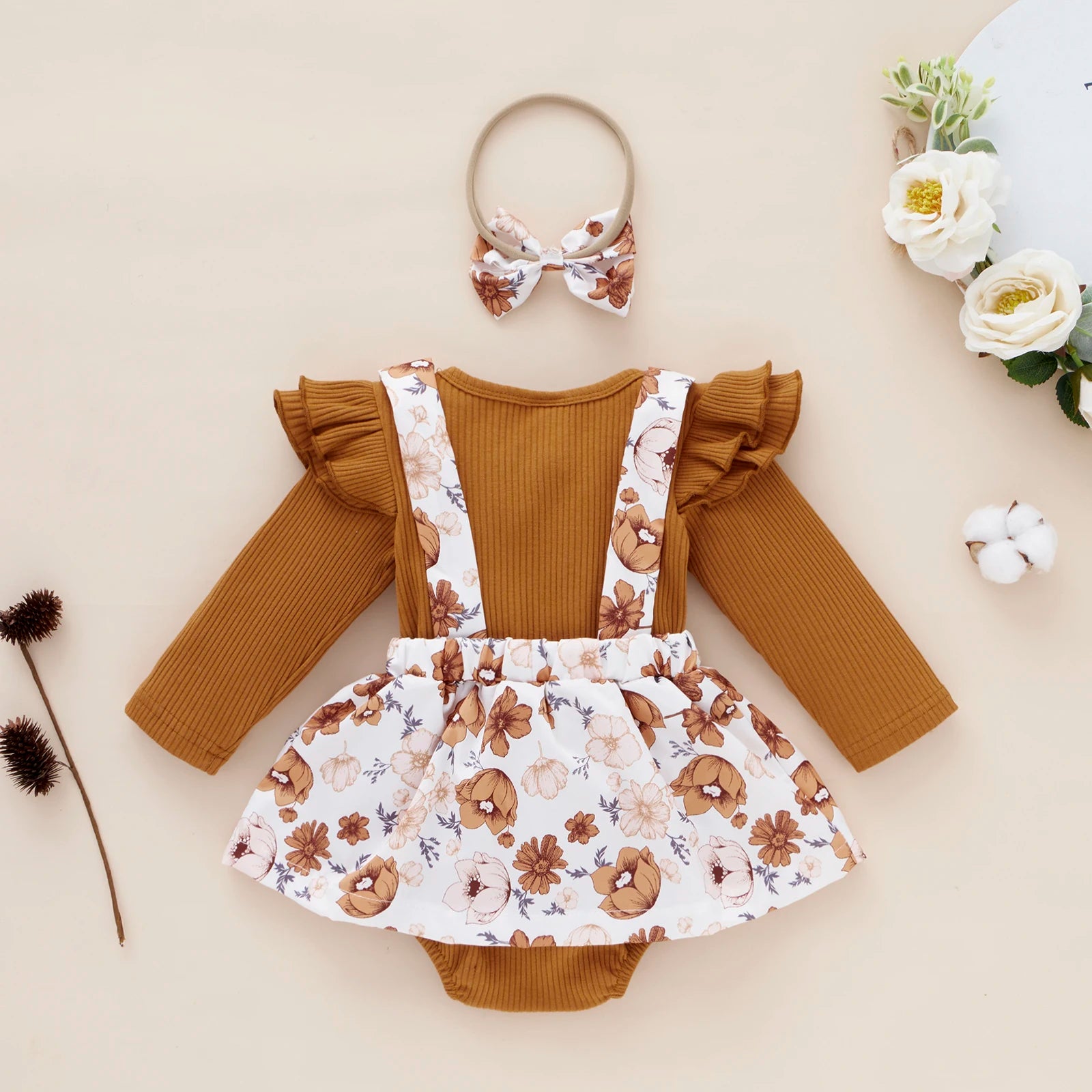 Adorable Floral Lace Jumpsuit with Headband in Brown