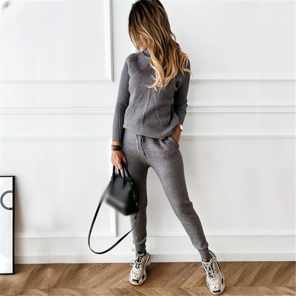 2-Piece Casual Polo Neck Women's Outfit in Grey