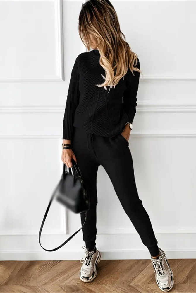 2-Piece Casual Polo Neck Women's Outfit in Black
