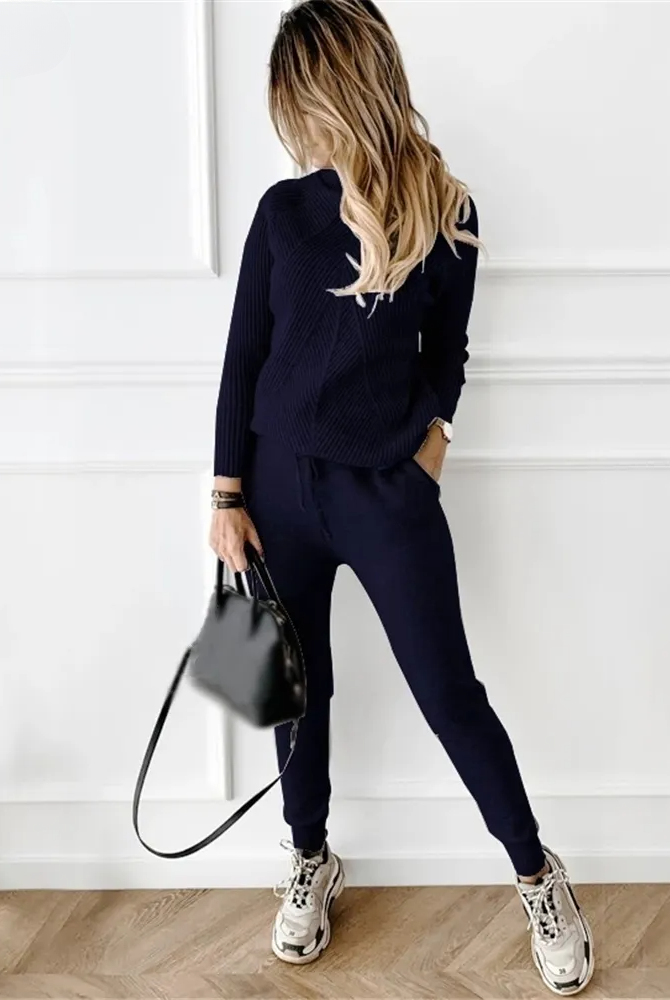 2-Piece Casual Polo Neck Women's Outfit in Navy