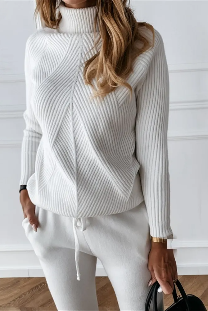 2-Piece Casual Polo Neck Women's Outfit in White