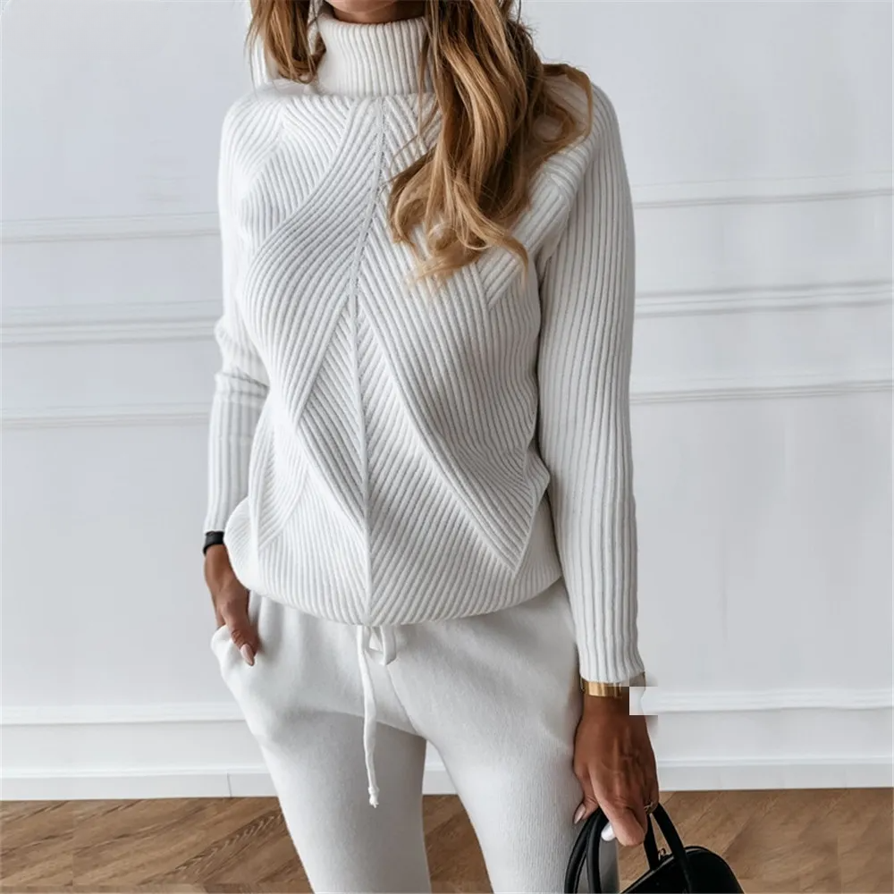 2-Piece Casual Polo Neck Women's Outfit in White