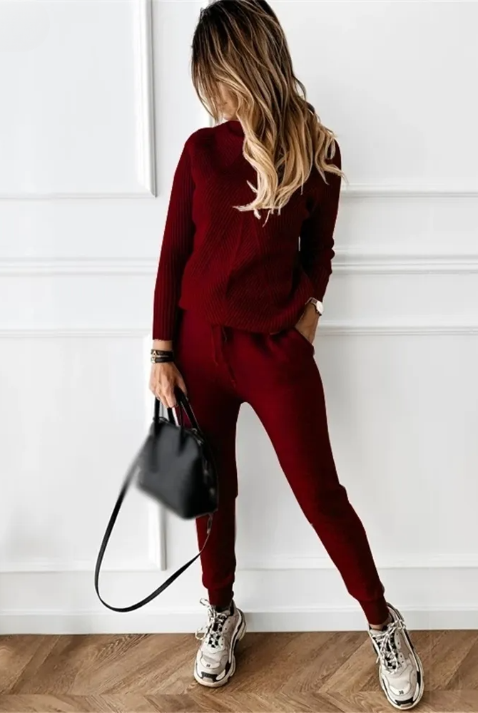 2-Piece Casual Polo Neck Women's Outfit in Claret