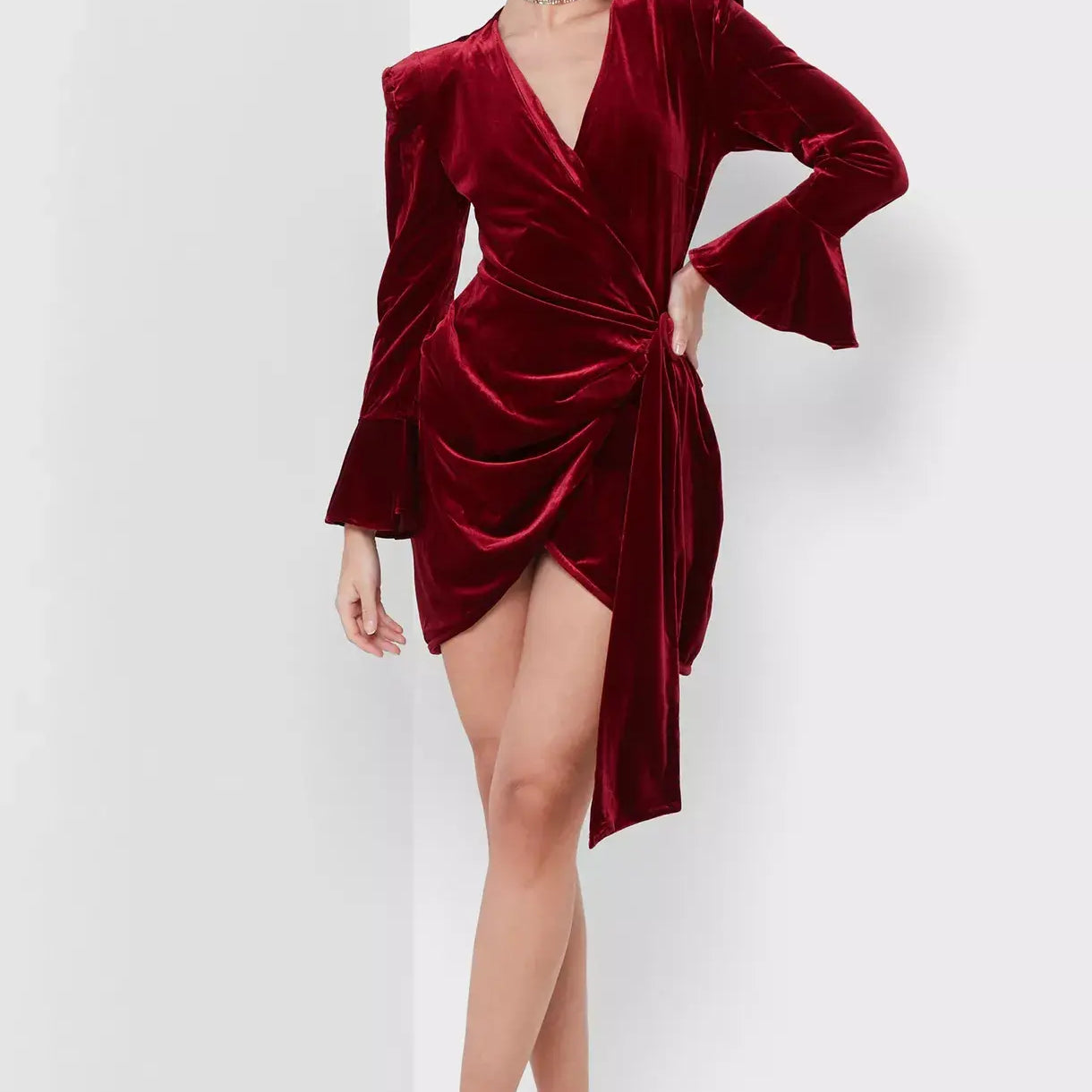 Exquisite Velvet Wrap Wine Red Mini Dress