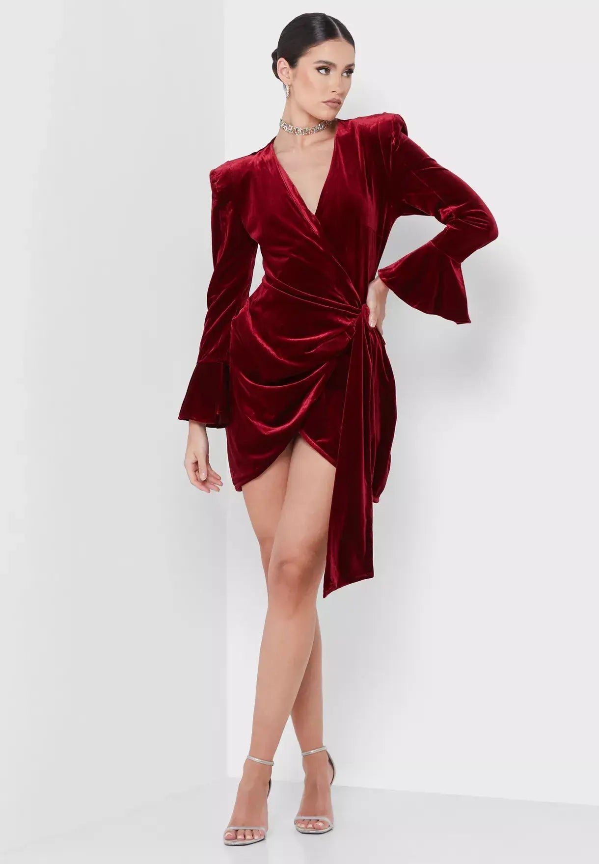 Exquisite Velvet Wrap Wine Red Mini Dress