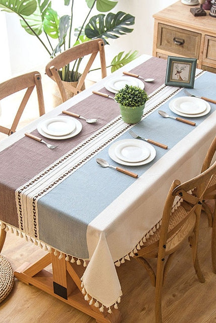 Modern Classic Dining Tablecloth in Blue and Coffee
