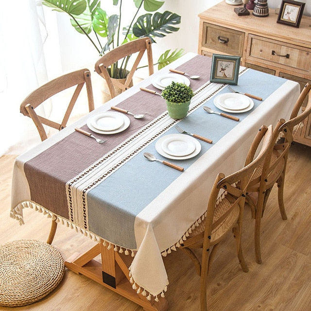 Modern Classic Dining Tablecloth in Blue and Coffee