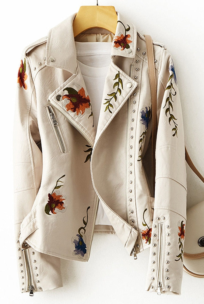 Floral Stylish Women's Leather Jacket in Beige