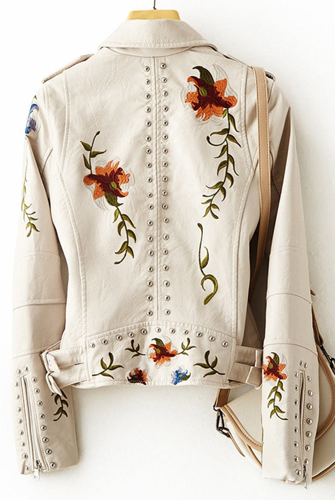 Floral Stylish Women's Leather Jacket in Beige (back)