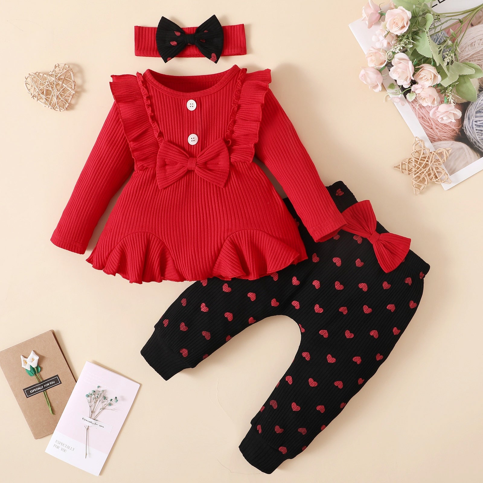 3-Piece Bowknot Girl Outfit in Red